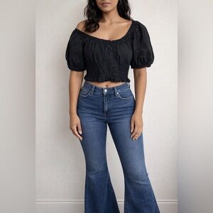 Free People Black Puff Sleeve smocked crop Blouse top size XS